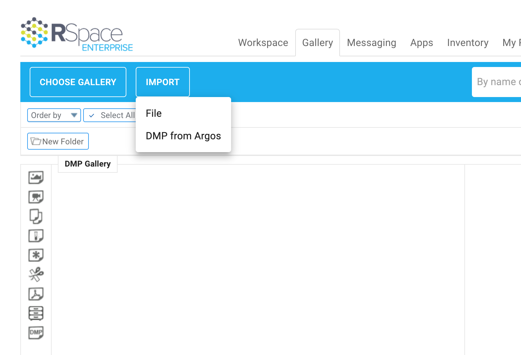 Screenshot of the RSpace Gallery, with the toolbar's Import menu open showing an "DMP from Argos" option