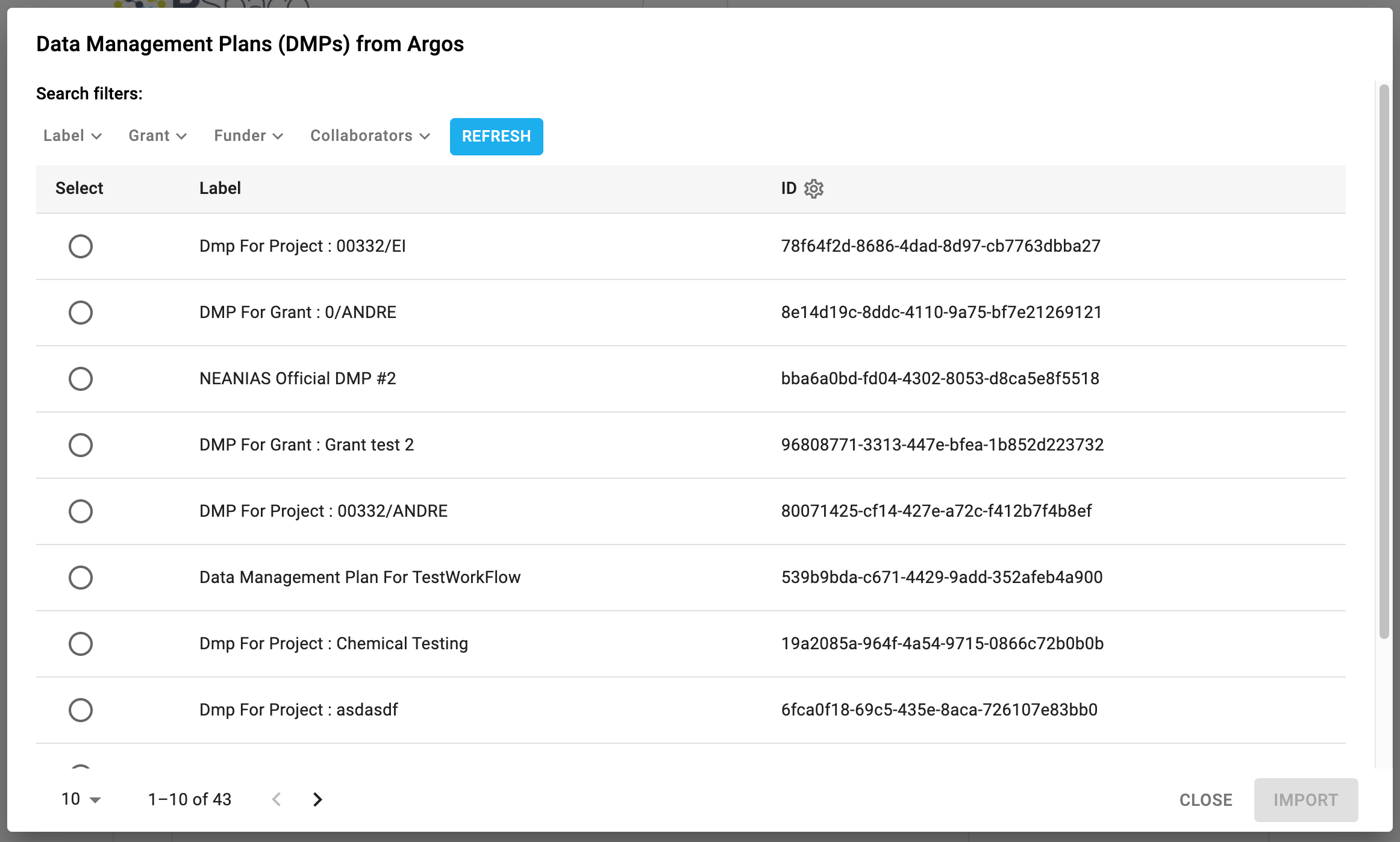 Screenshot of the "Data Management Plans (DMPs) from Argos" dialog