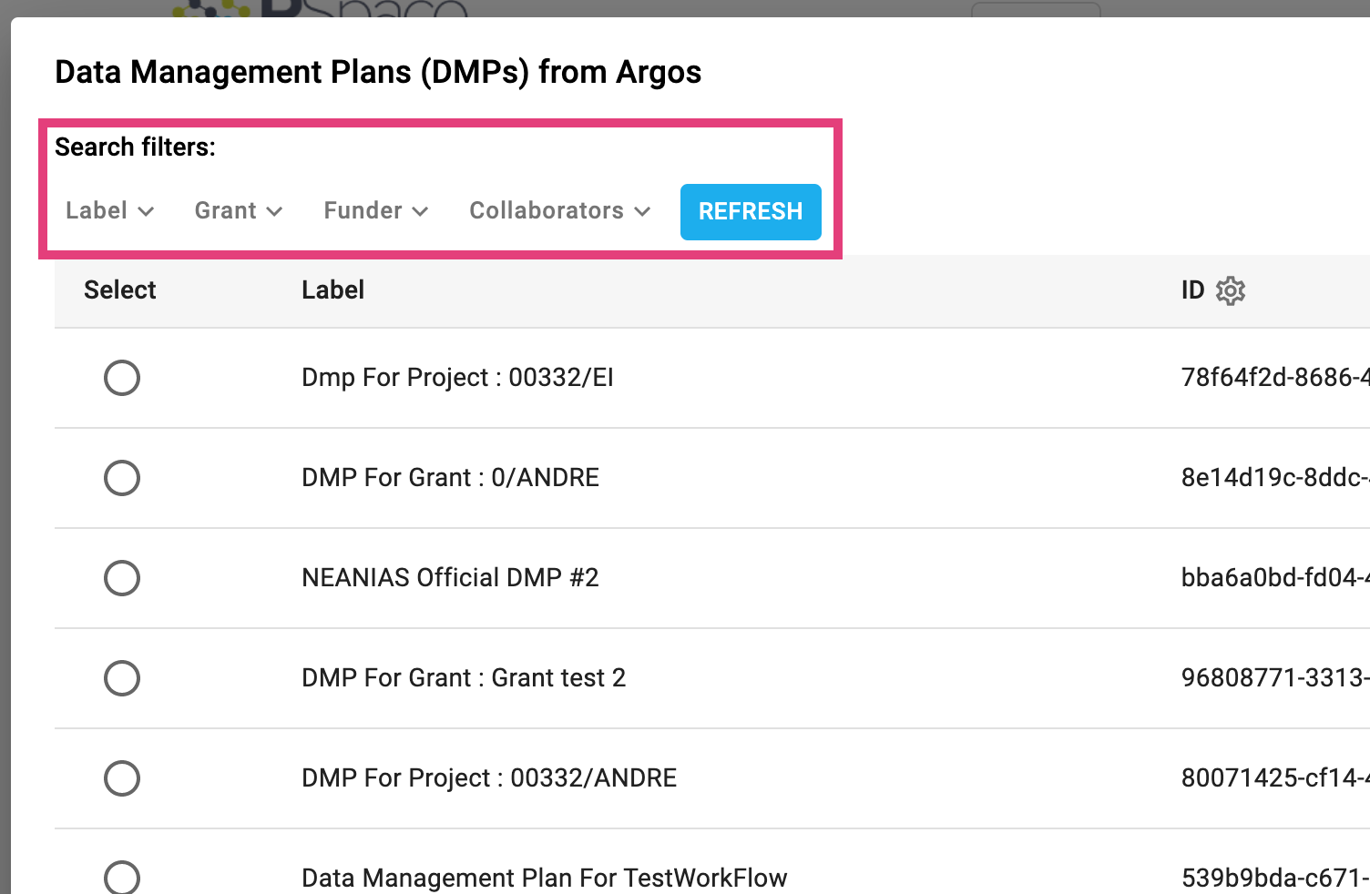 Cropped screenshot of the "Data Management Plans (DMPs) from Argos" dialog, with the "Search filters" section highlighted