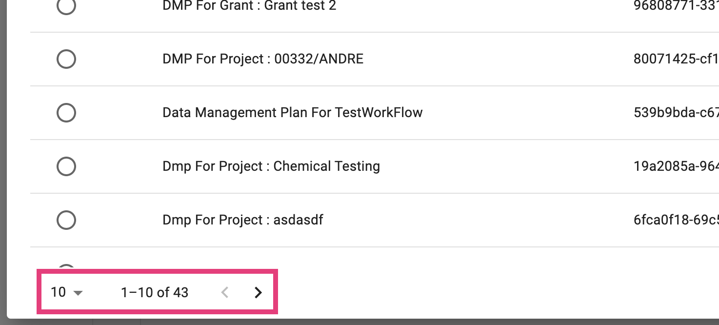 Cropped screenshot of the "Data Management Plans (DMPs) from Argos" dialog, with the pagination controls highlighted