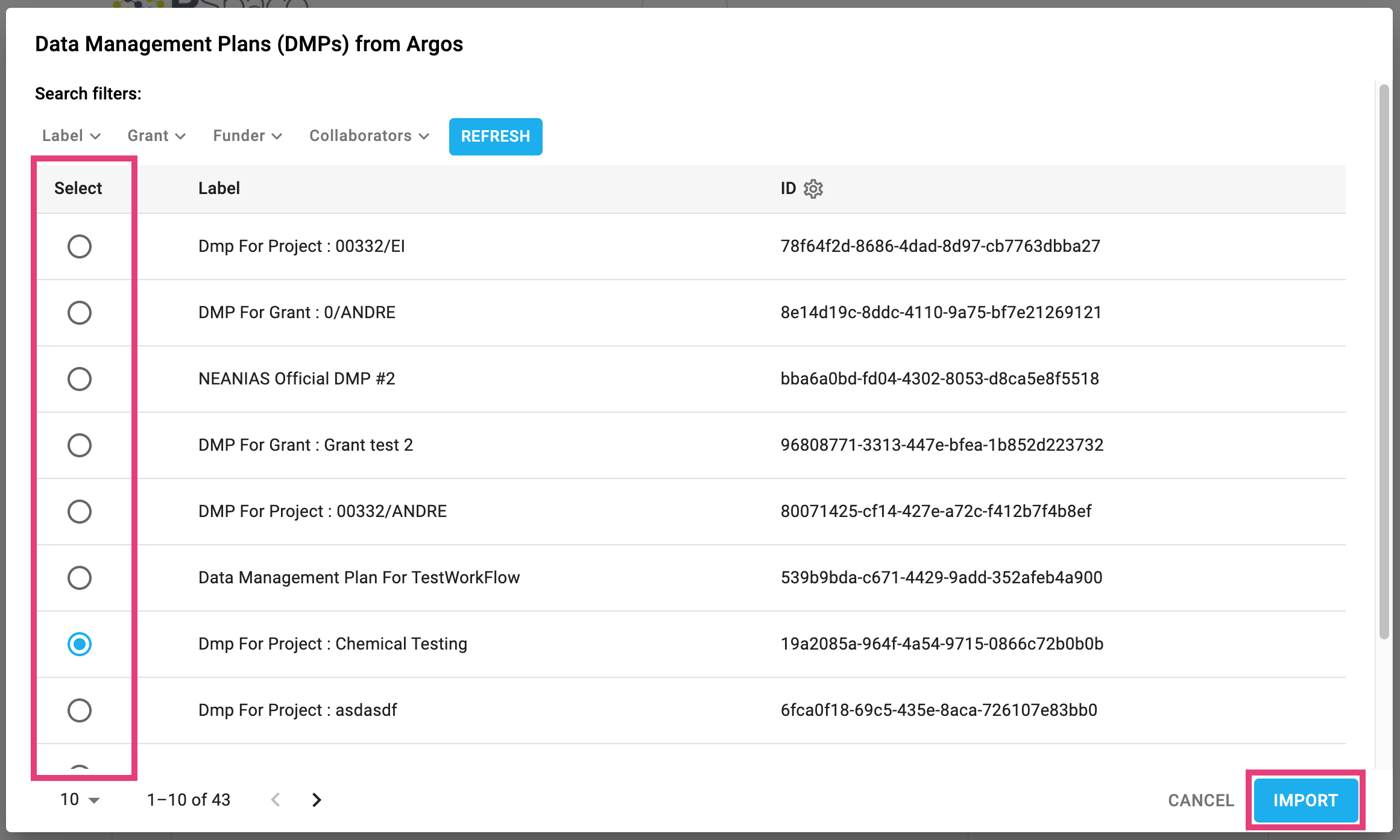 Screenshot of the "Data Management Plans (DMPs) from Argos" dialog with the "Select" column and "Import" buttons highlighted