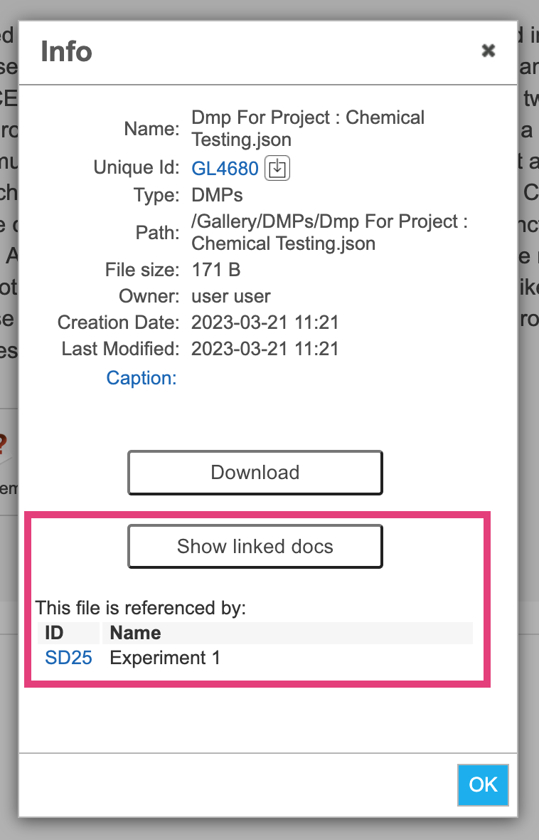 Screenshot of the Gallery item info dialog. The details of the referenced DMP are shown, including the table of linked documents which is highlighted.