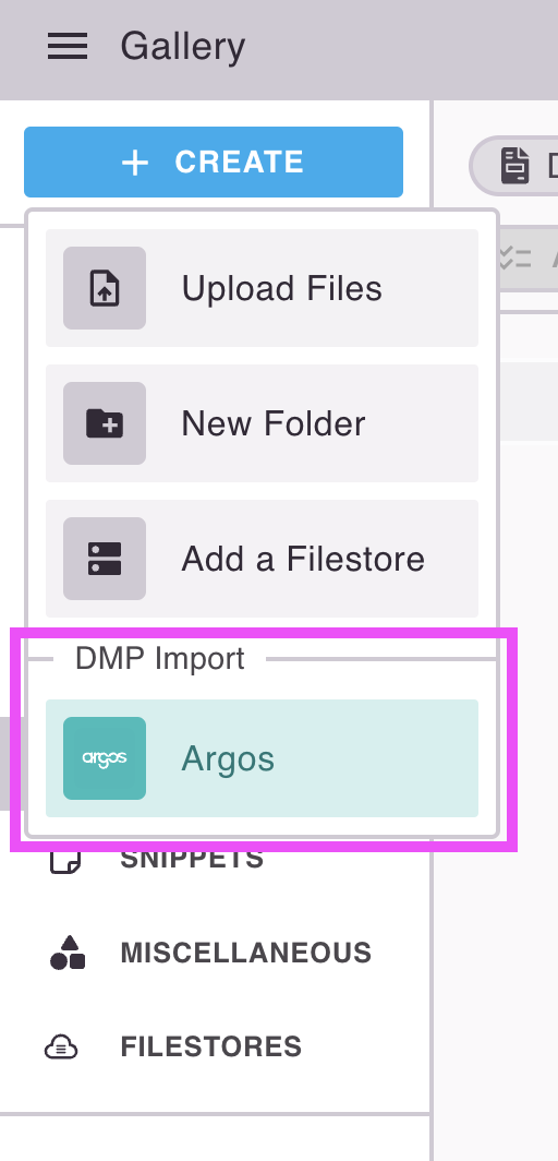 Partial screenshot of the Gallery, with the "Create" menu's option to import from Argos highlighted