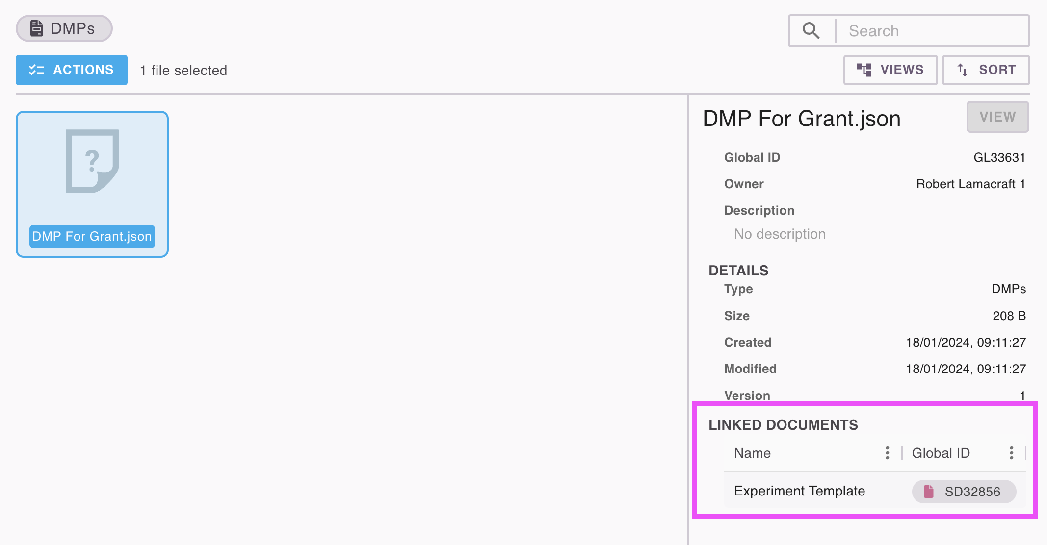 Partial screenshot of the gallery, with the selected DMPs linked documents table highlighted.