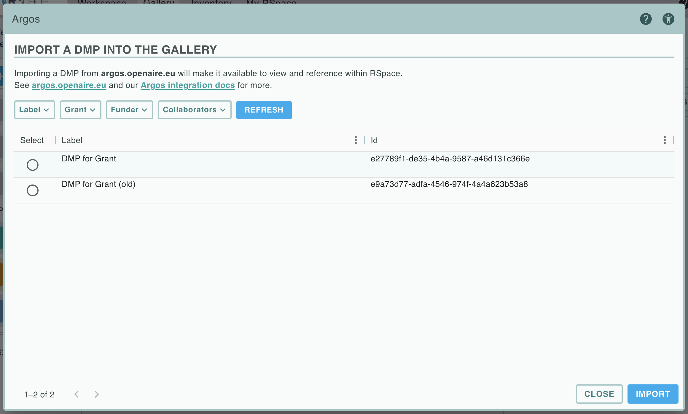 Screenshot of the "Data Management Plans (DMPs) from Argos" dialog