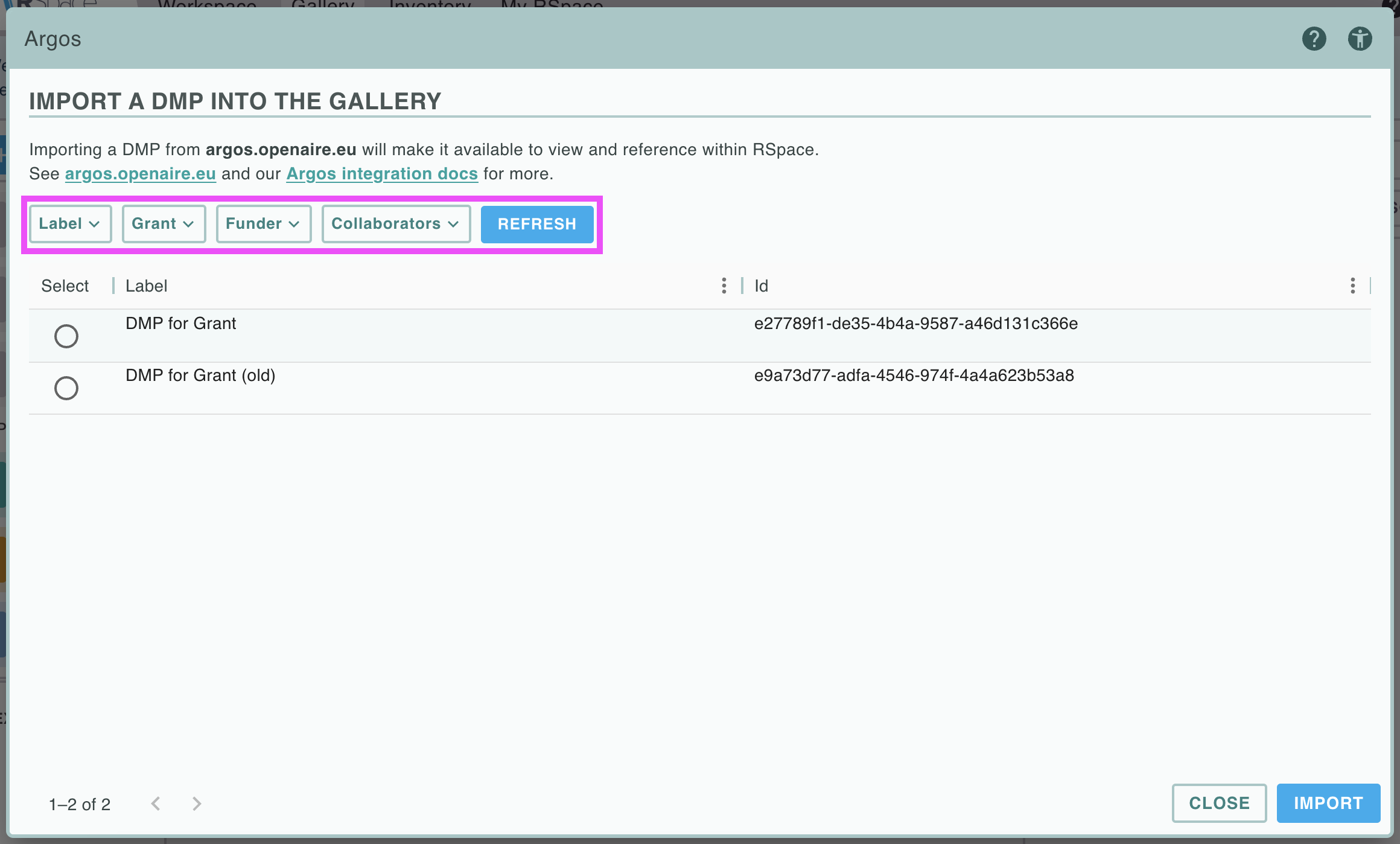 Screenshot of the "Data Management Plans (DMPs) from Argos" dialog, with the "Search filters" section highlighted