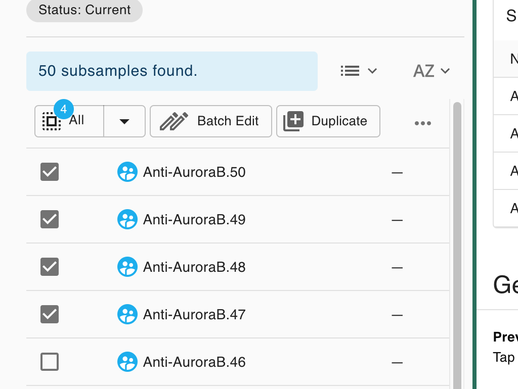 Screenshot of the main search in list view. The context menu is shown with, right of the "Select" button and left of "Duplicate", a "Batch Edit" button is shown. Below that, five subsamples are selected. 