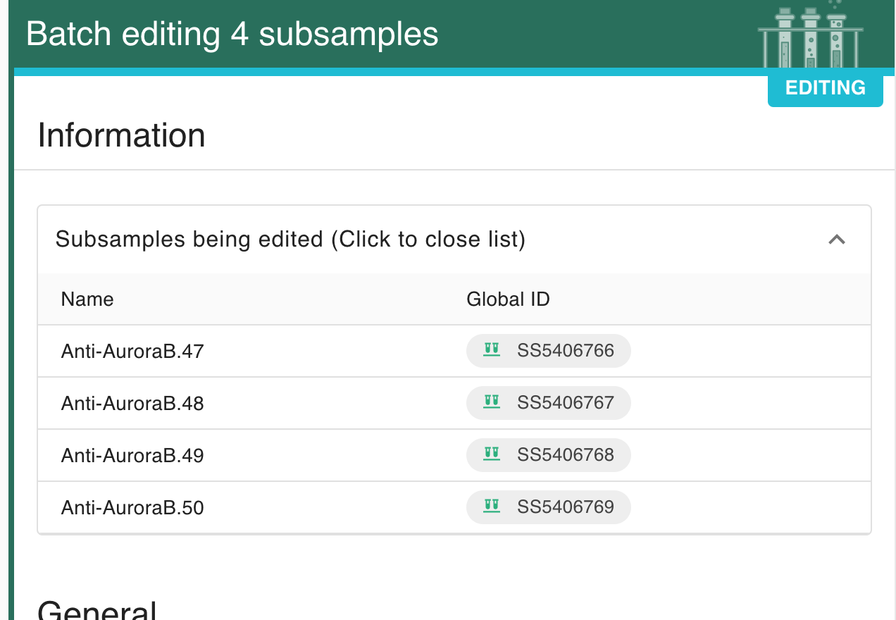 Screenshot of the Subsample batch editing form. The top section of the "Batch editing 4 subsamples" form is an "Information" section. Contained within is a table listing the five selected subsamples.