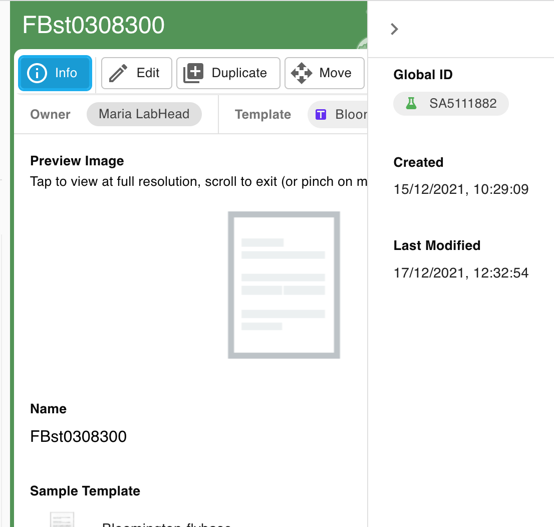 Screenshot of the main details page of a sample with the right-hand side more info sidebar open, showing the sample's global ID, and created and last modified time stamps.