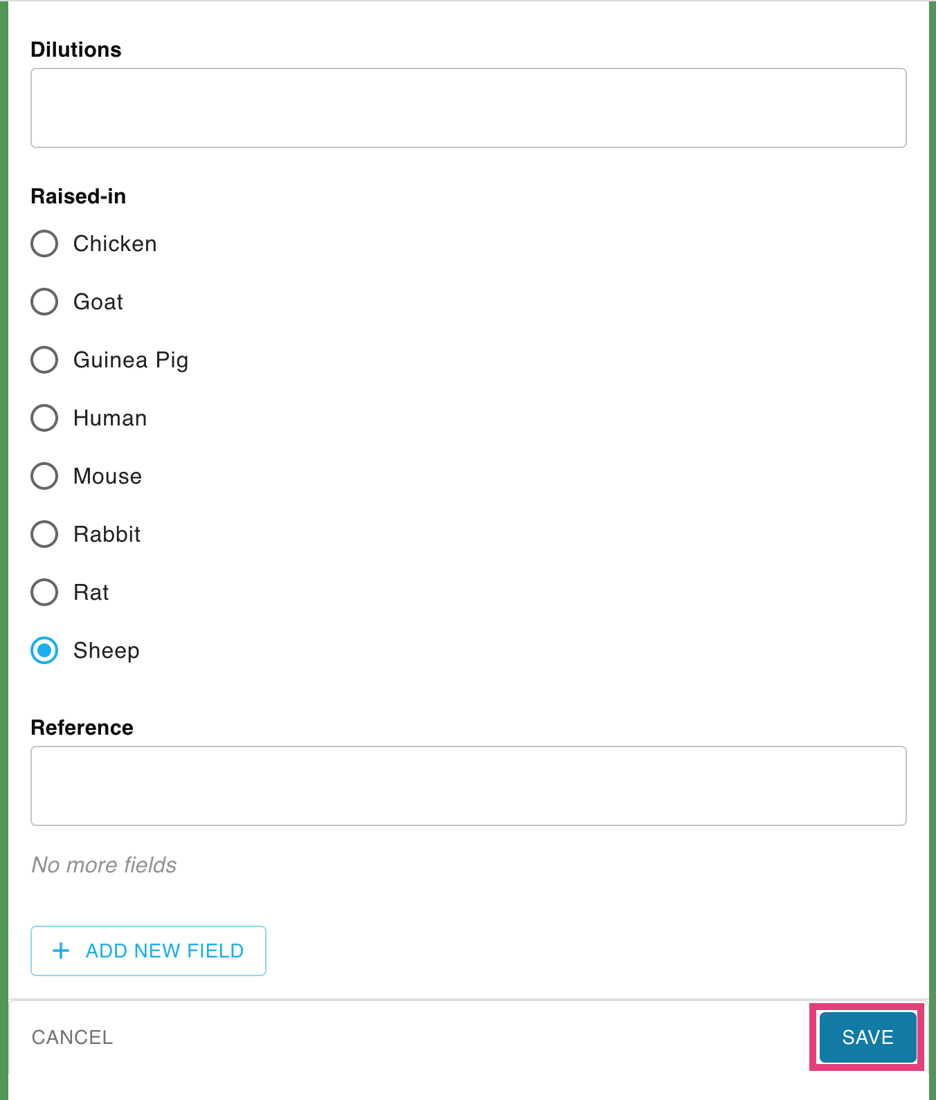 Screenshot of the sample edit form. The save button is circled.