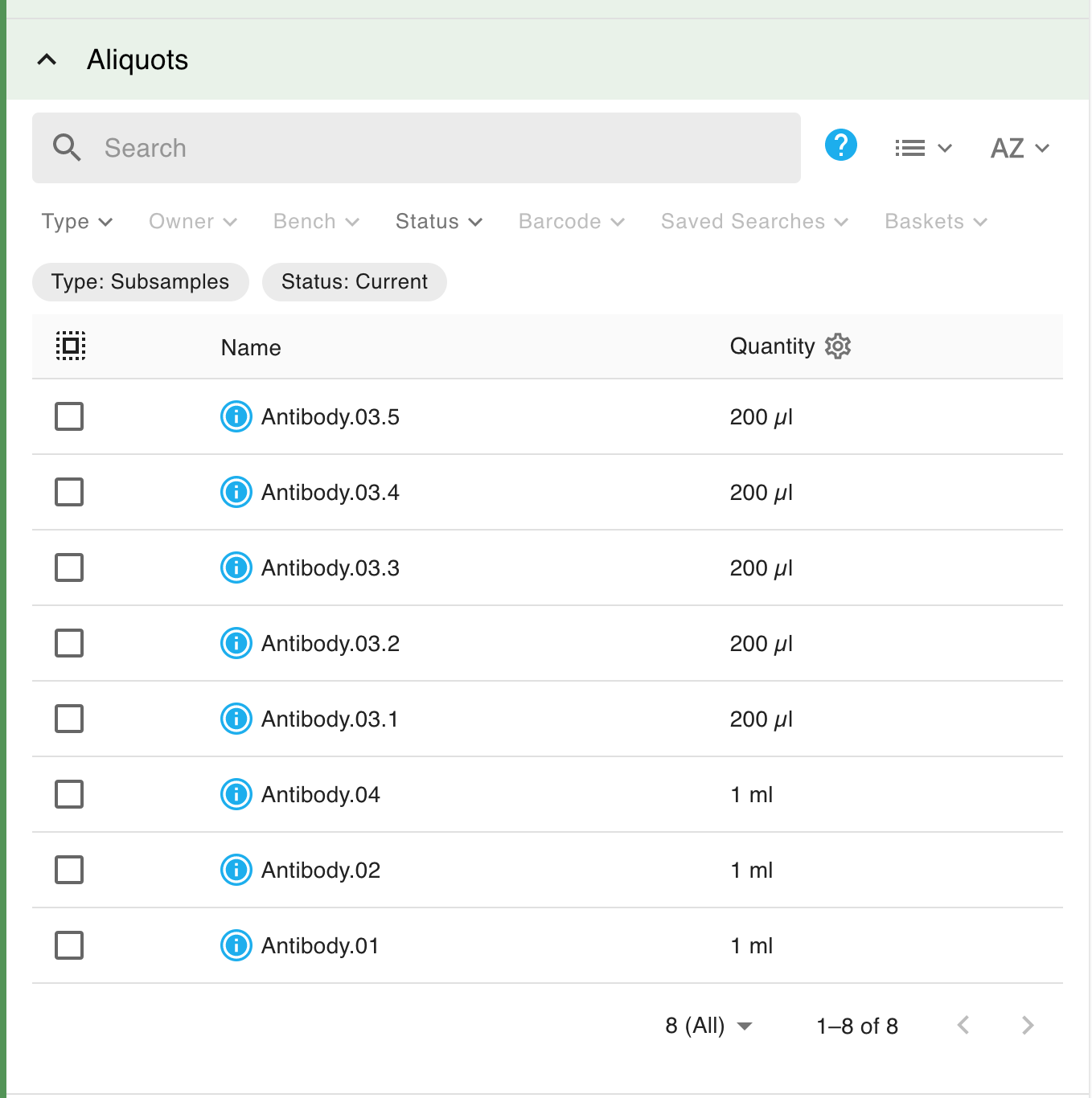 Screenshot of the subsamples section of the main samples page. Now, there are eight subsamples, with their quantities shown reflecting the fact that one subsample has been split into five subsample, each of equal quantity.