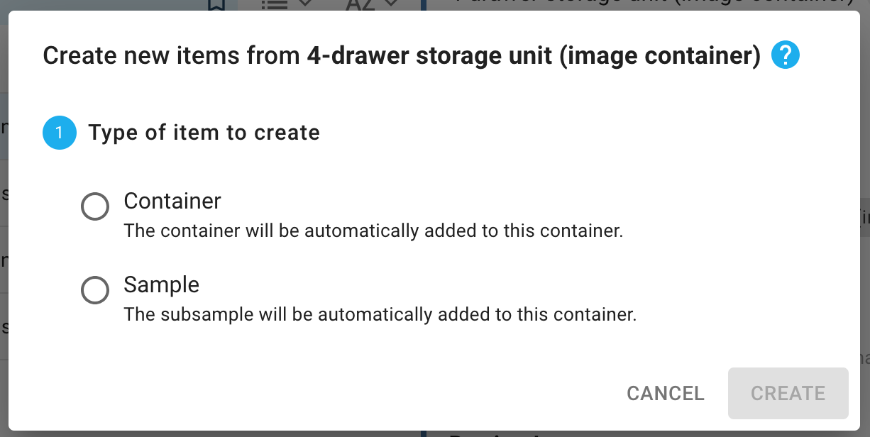 A screenshot of the create dialog when a container is selected. There are two options: "Container" and "Sample".