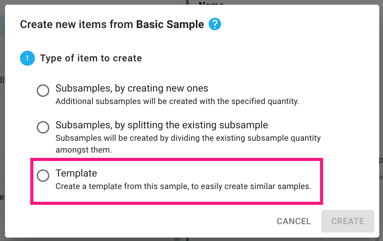 Screenshot of the create dialog when a sample is selected. The third option, labelled "Template" is highlighted.