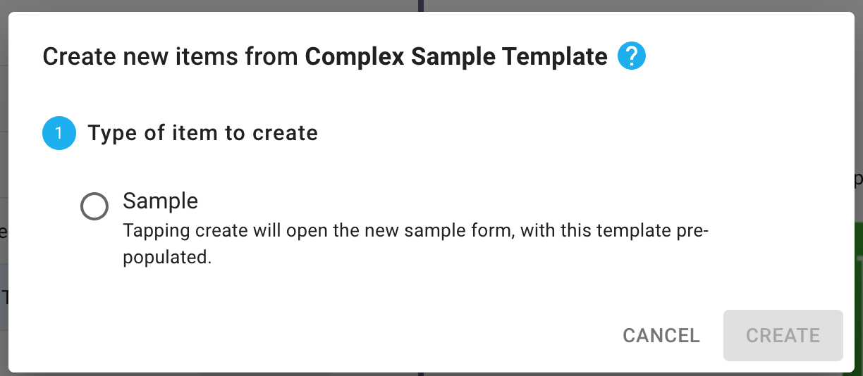 Screenshot of the create dialog when a template is selected. There is a single option, labelled "Sample"