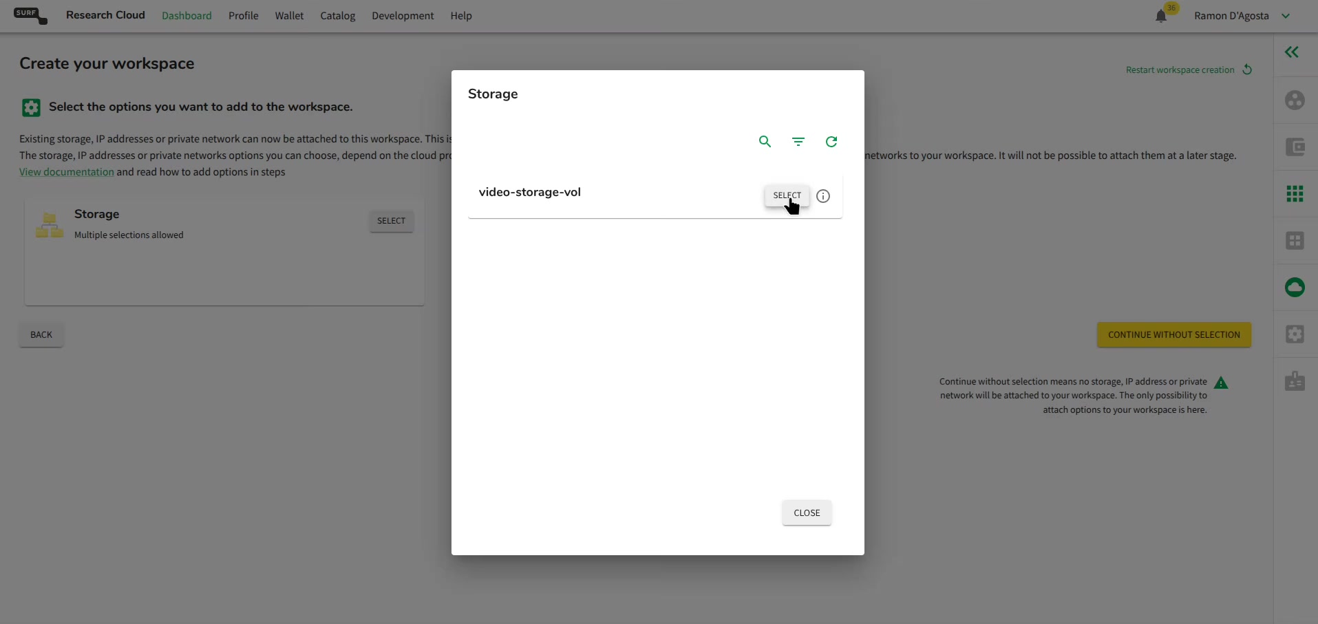 The storage picker dialog, showing the volume from Step 1