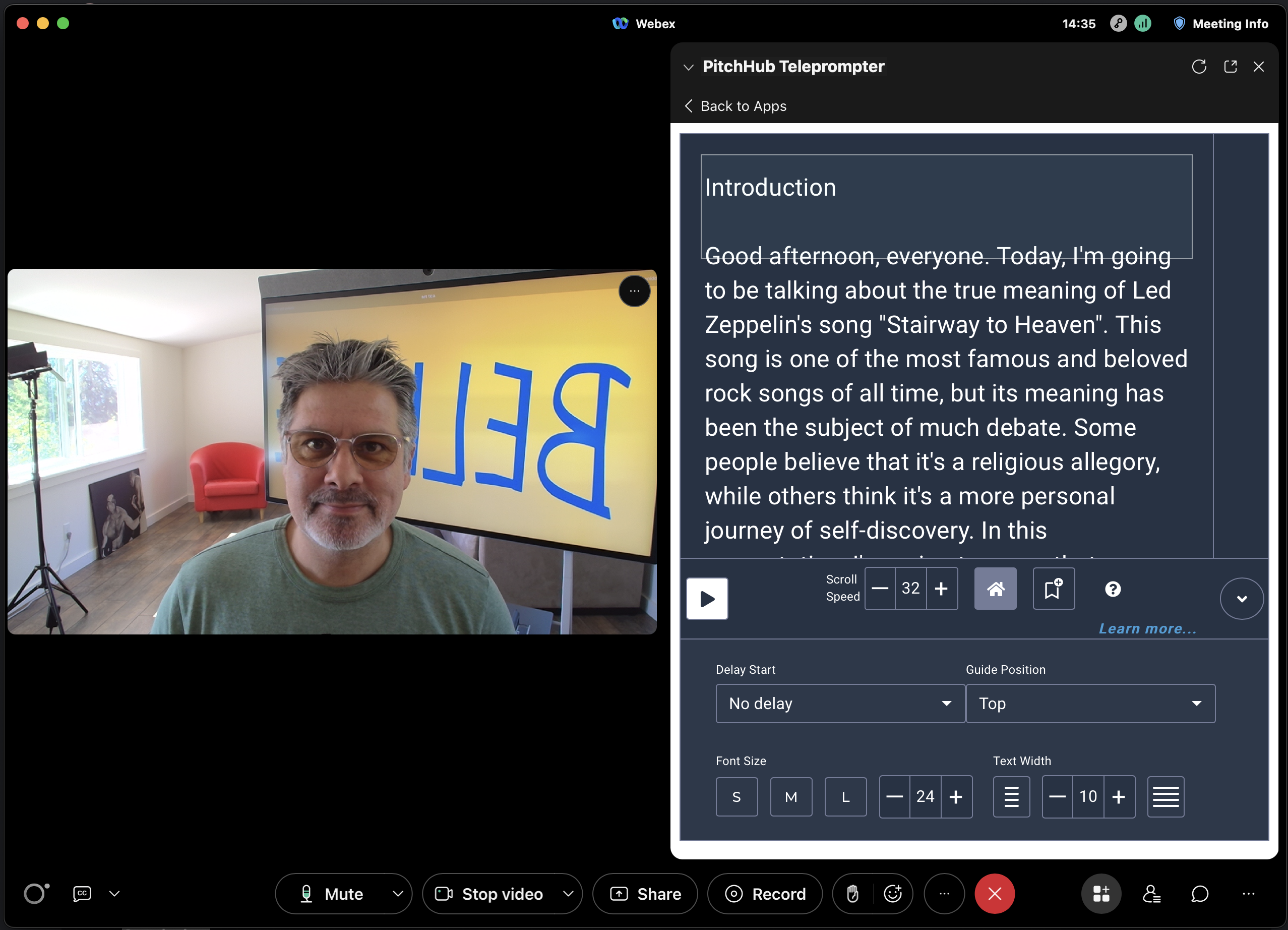 Screenshot of Webex PitchHub Teleprompter in action