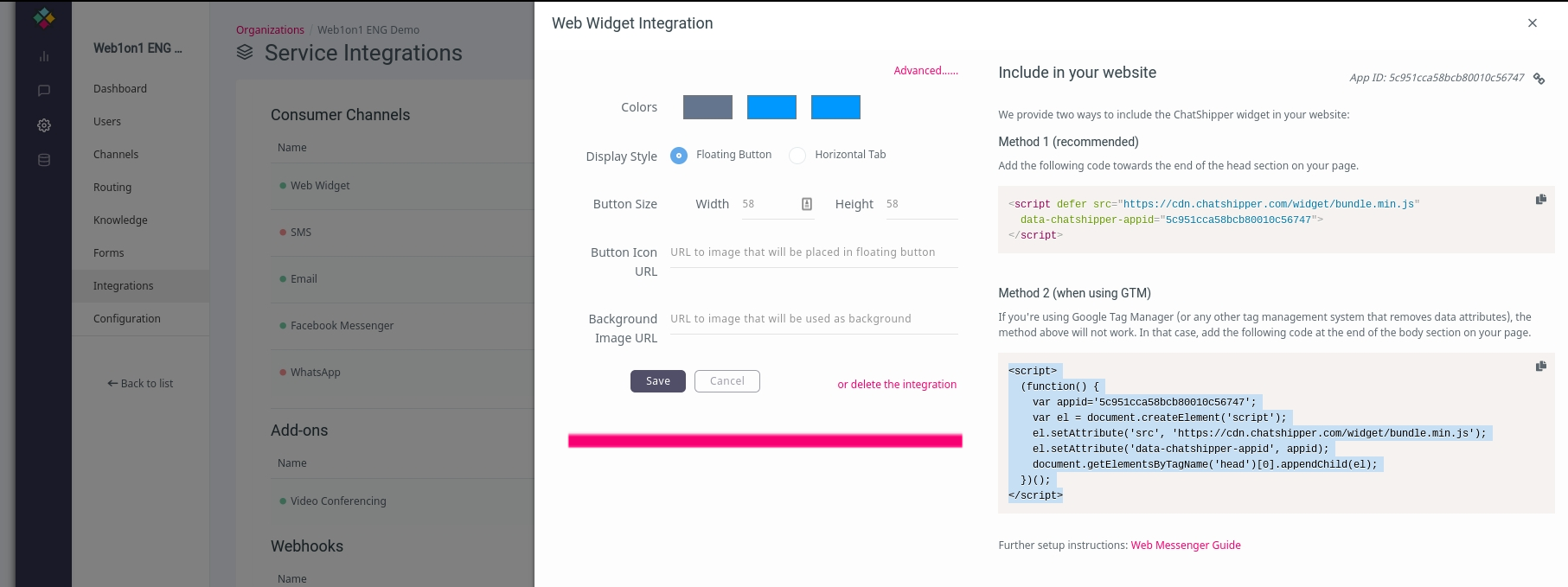 ChatShipper Webwidget colors