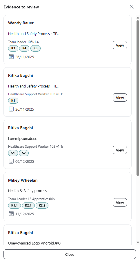 evidence to review list displaying upload records from different learners