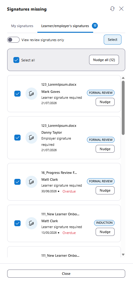 learner and employer signatures list displayed to an assessor
