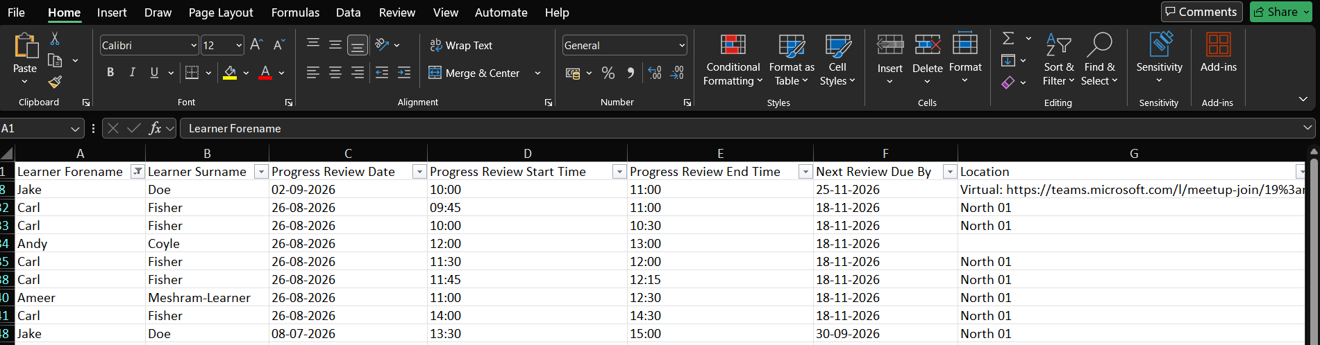 The download CSV can be opened using apps, such as Excel, to view data for all Apprenticeship Management Progress Reviews
