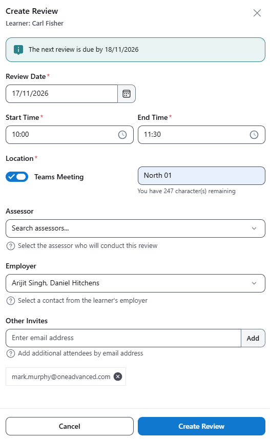 The image shows the Assessor booking the next Progress Review through the Create Review drawer. The drawer displays when the next Progress Review is due by to assist the Assessor with scheduling within a compliant timeframe.