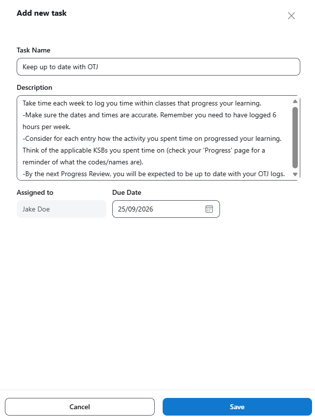 The Assessor must provide a name and description for the task. A Due Date is optional.