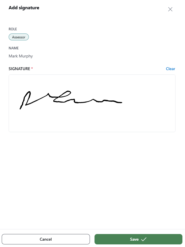 When a user logs into Apprenticeship Management, then they can add their own signature to the Review Record by drawing. The image displays a drawn signature provided by an Assessor.