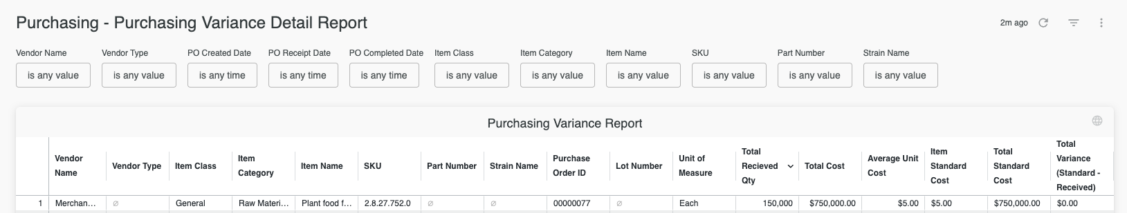 the new "Purchasing - Purchasing Variance Detail Report" and showing its filters and columns.