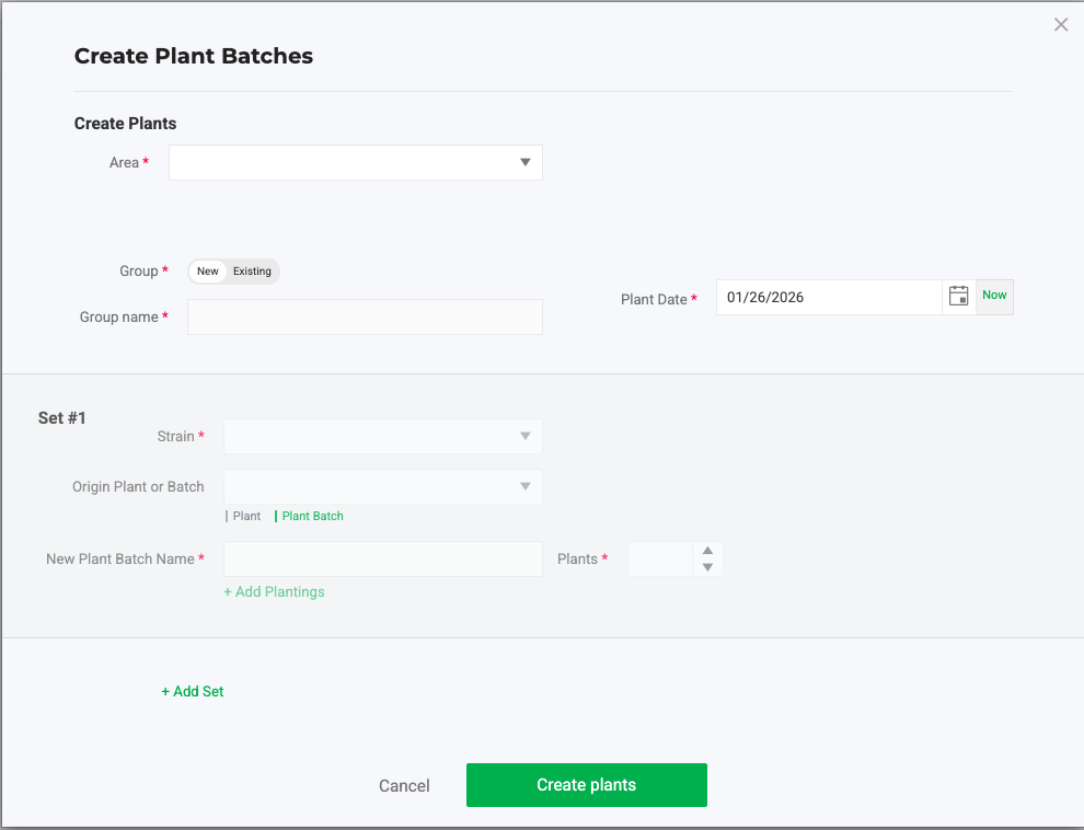 "Create Plant Batches" Screen