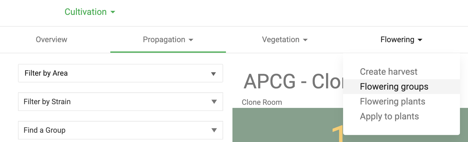 The screenshot shows the Flourish Cultivation module with the Flowering phase menu open, listing options including Create harvest, Flowering groups, Flowering plants, and Apply to…