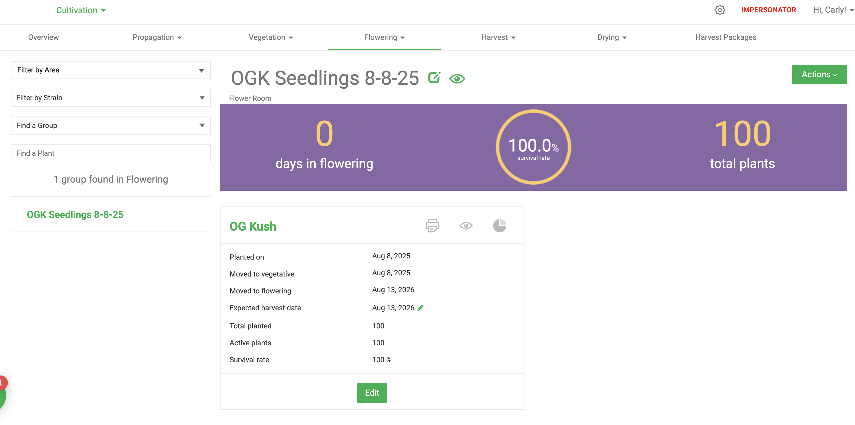 This screenshot shows the Flourish Grow module's Flowering group detail page for the "OGK Seedlings 8-8-25" group, displaying summary metrics (0 days in flowering, 100% survival…