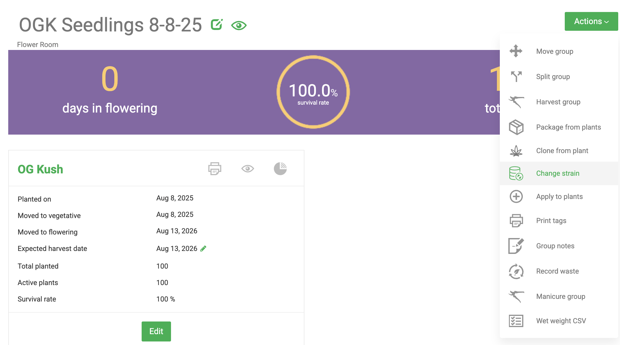 This screenshot shows the Group detail page for "OGK Seedlings 8-8-25" (strain OG Kush) in Flourish's Grow module, with the Actions dropdown menu open and the Change Strain option…