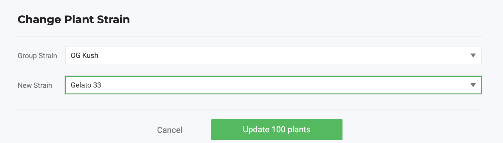 The image shows the "Change Plant Strain" dialog in Flourish, with the Group Strain field set to "OG Kush" and the New Strain field set to "Gelato 33," along with Cancel and…