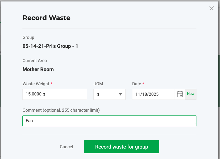 the “Record Waste” screen