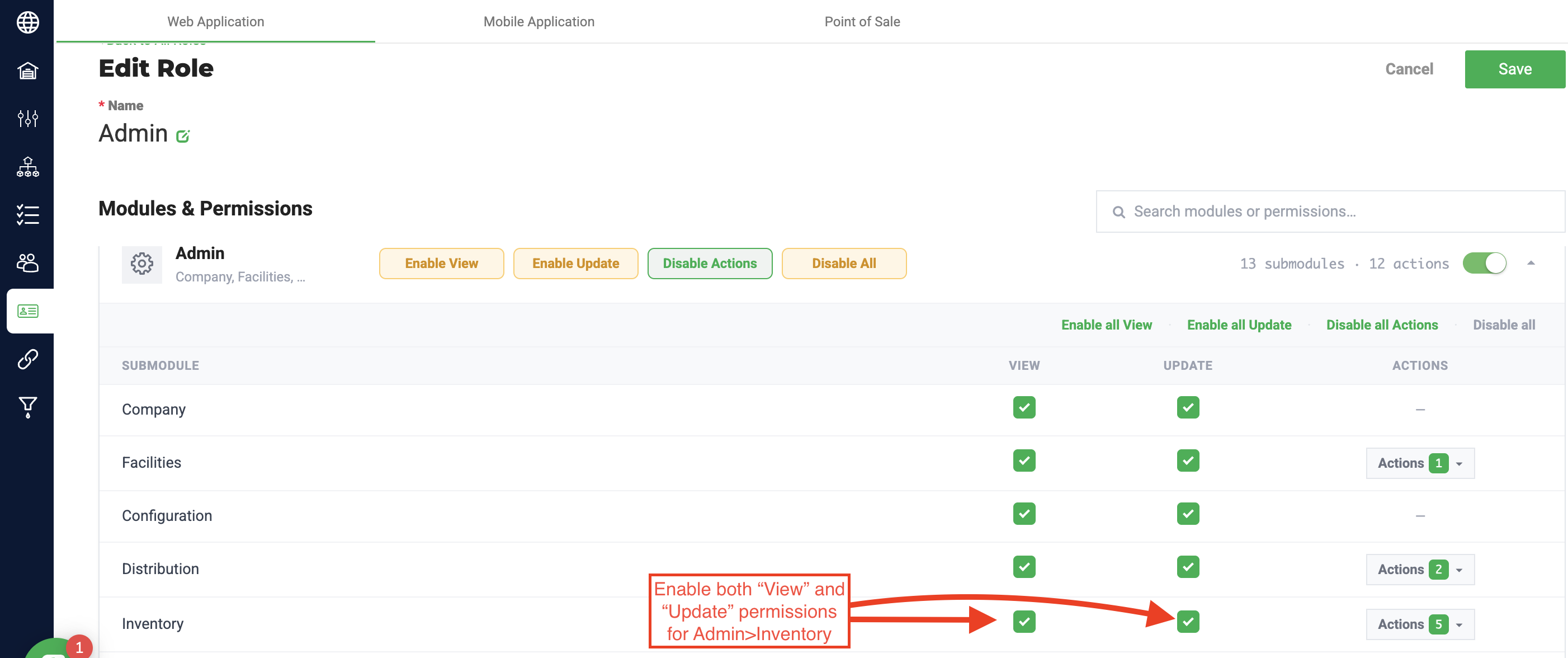 editing user roles for Admin>Inventory permissions