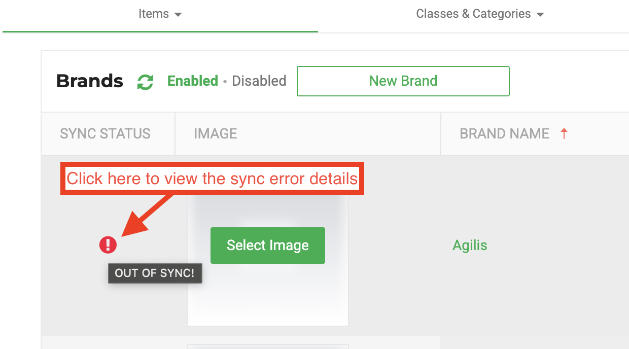 view a brand's sync error details