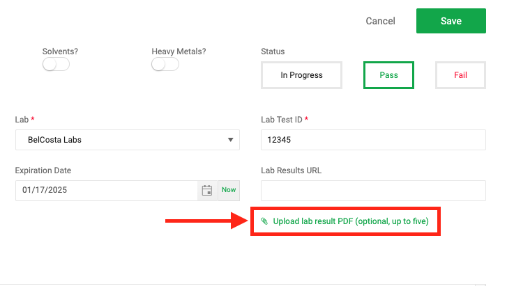 Click on "Upload lab test result PDF."
