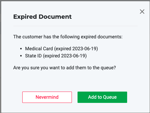 The image shows the "Expired Document" alert dialog in Flourish POS, listing the customer's expired Medical Card and State ID with their expiration dates, and asking whether to…