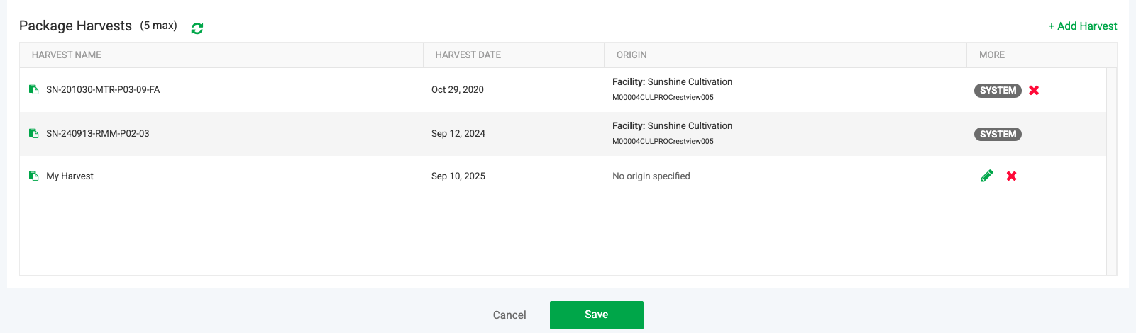 Package Harvests Section Description