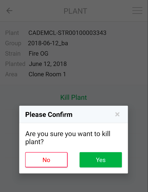 Confirm to kill the plant tag