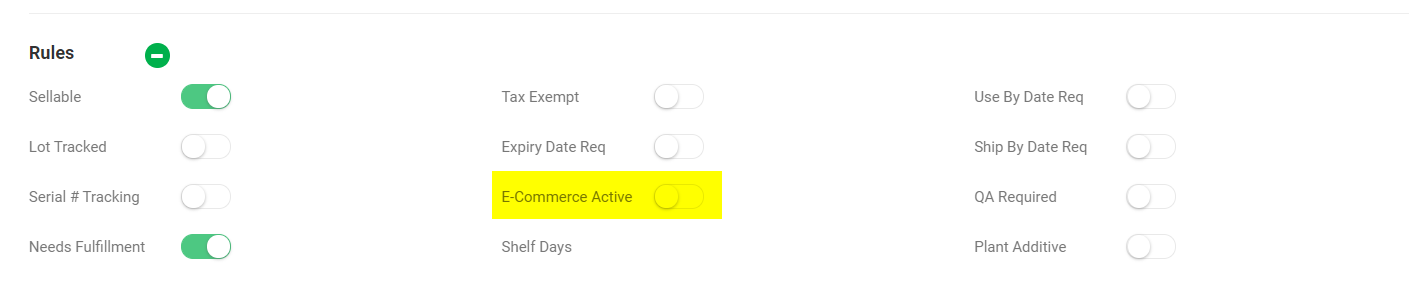 The item rules from the item master is displayed. The text E-Commerce Active is highlighted. There is a toggle to the right of the text, and the toggle is off.