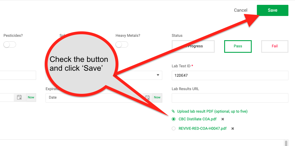 Setting a COA PDF as the primary document that can be used in the online lab results portal.