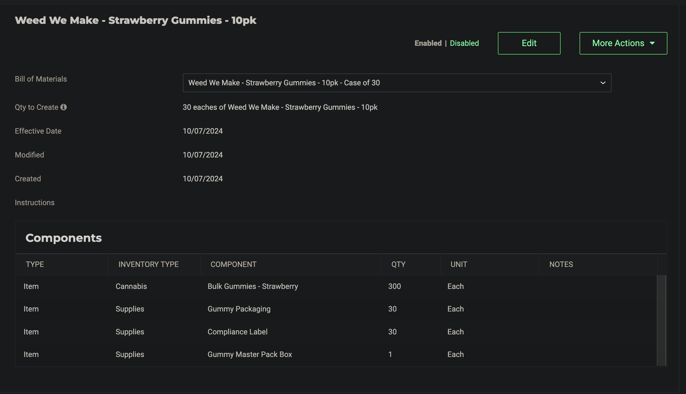 Bill of Materials configuration screen