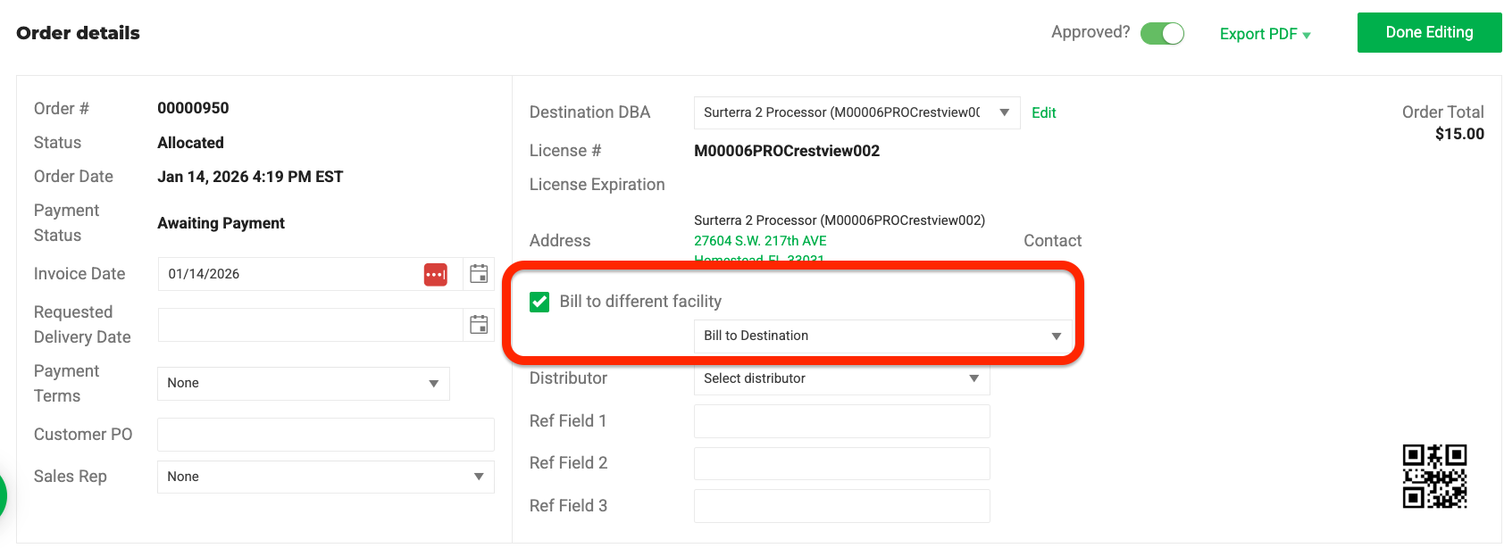 Bill to different facility