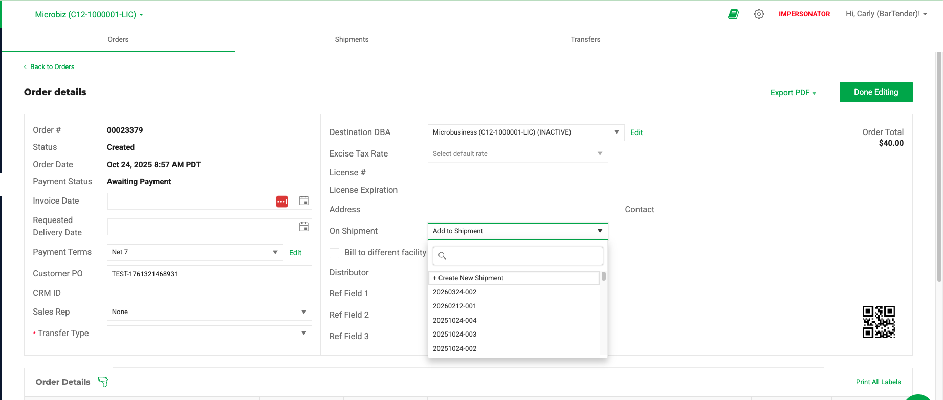 Select a shipment from the dropdown