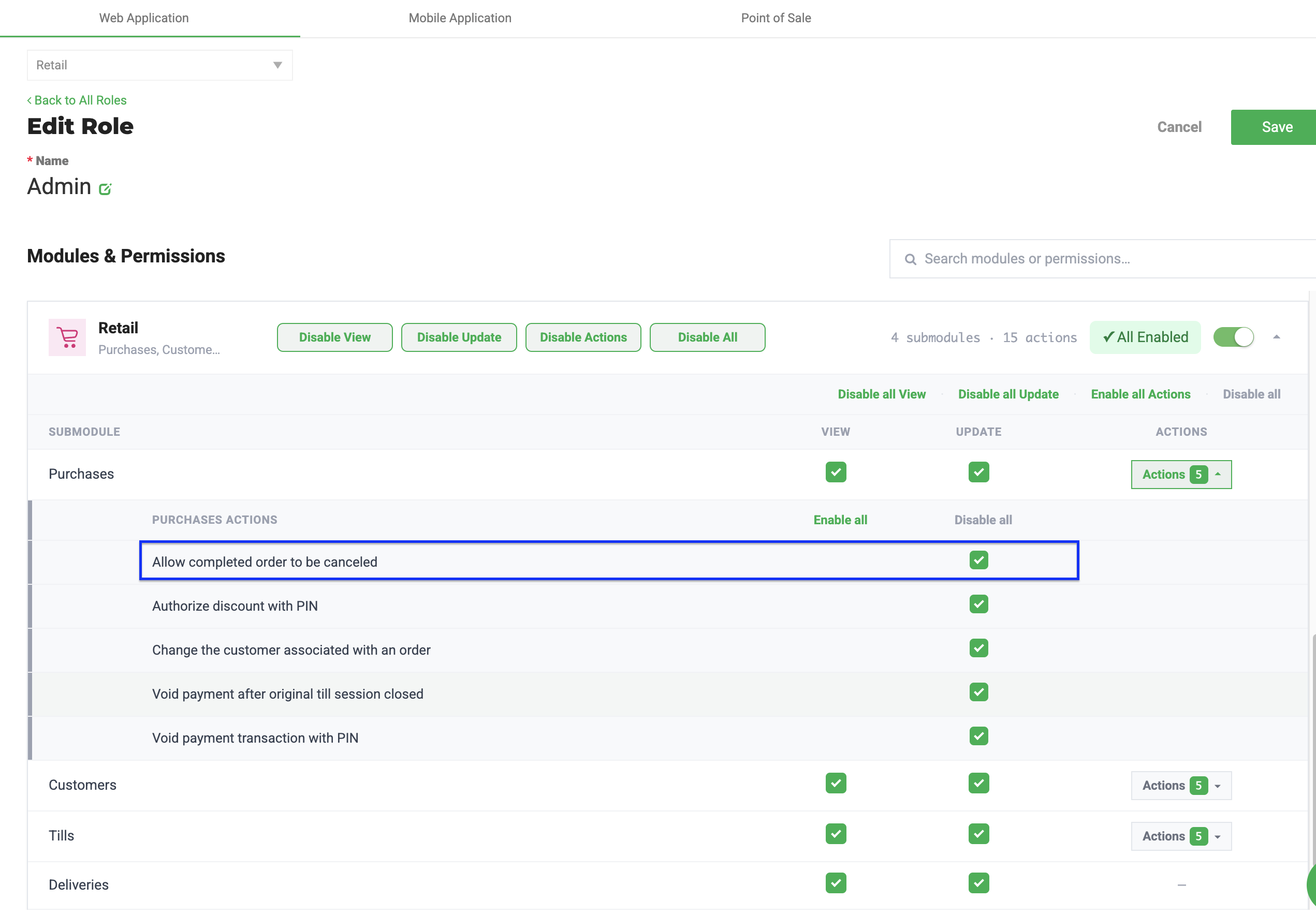 The screenshot shows the Flourish Web "Edit Role" page for the Retail module, with the Purchases submodule expanded to display its list of Actions permissions; the "Allow completed…