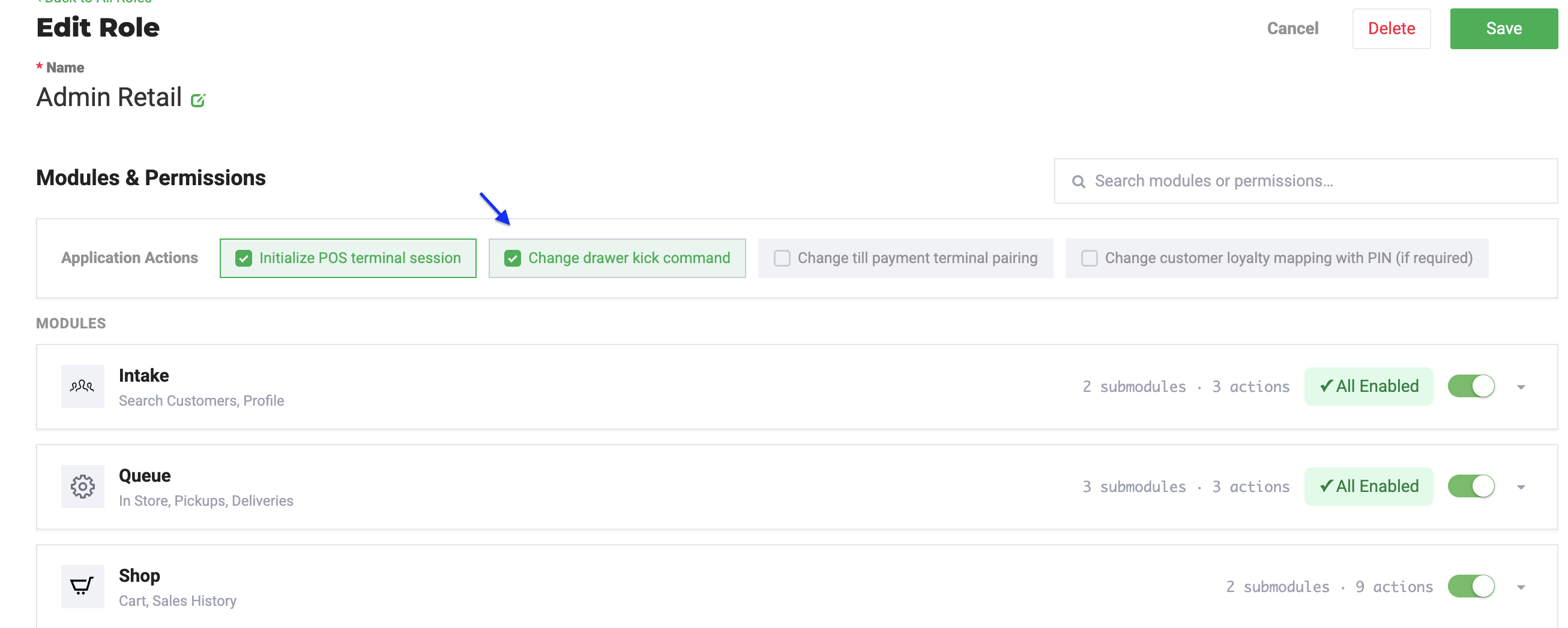 This screenshot shows the User Roles "Edit Role" page in Flourish Point of Sale settings, with the "Change drawer kick command" checkbox enabled (highlighted with an arrow) under…