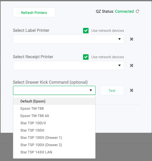 Screenshot of the Point of Sale printer settings panel showing "Select Label Printer" and "Select Receipt Printer" dropdowns, along with the "Select Drawer Kick Command (optional)"…