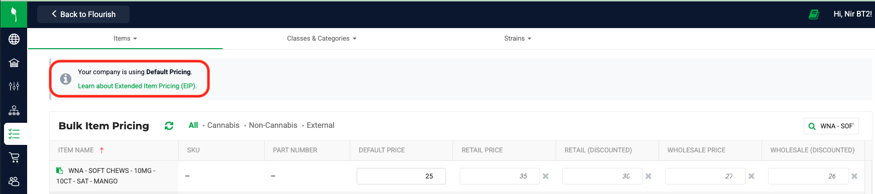 Your company is using Default Pricing.