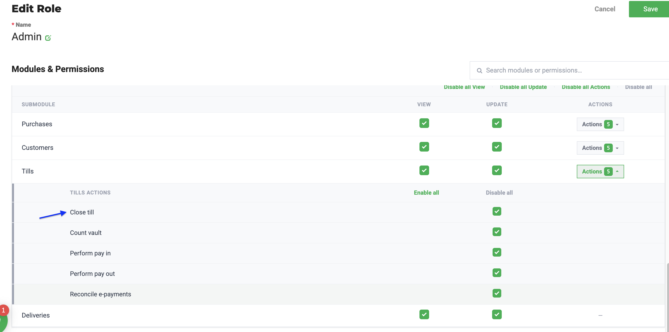 Screenshot of the Edit Role page under Settings > User Roles, showing the Retail module's Tills submodule expanded to display the Tills Actions list, with an arrow pointing to the…